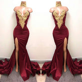 Sexy Mermaid Front-Split Lace High Neck Burgundy Prom Dresses - MyChicDress